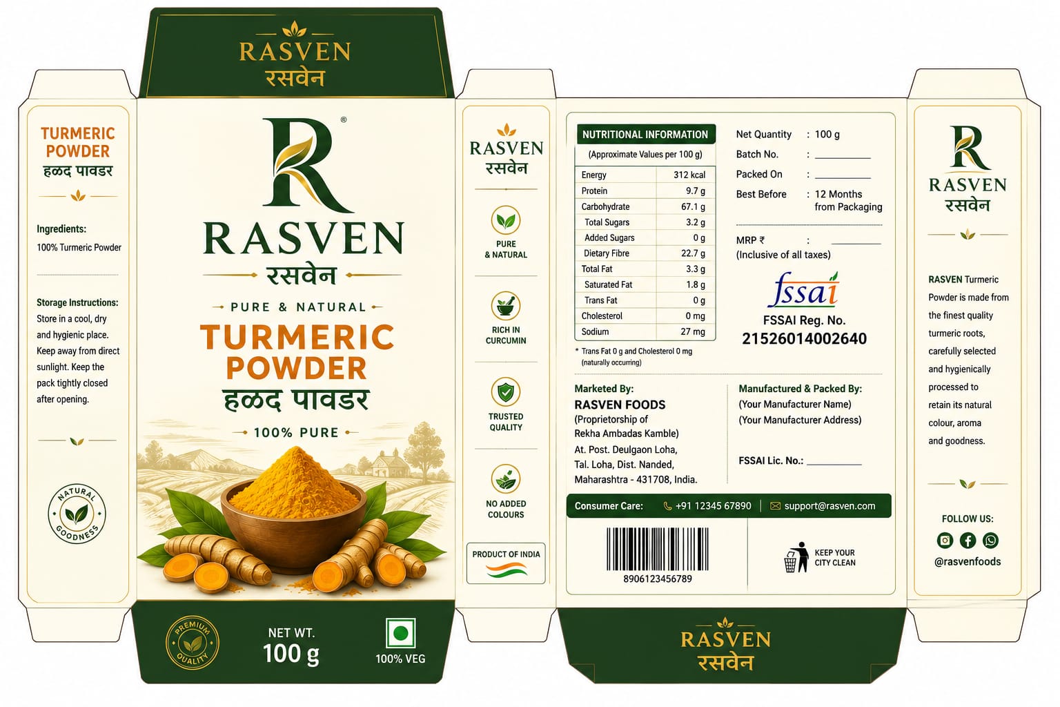 RASVEN Turmeric Powder 5-panel packaging dieline showing nutritional and farm provenance details