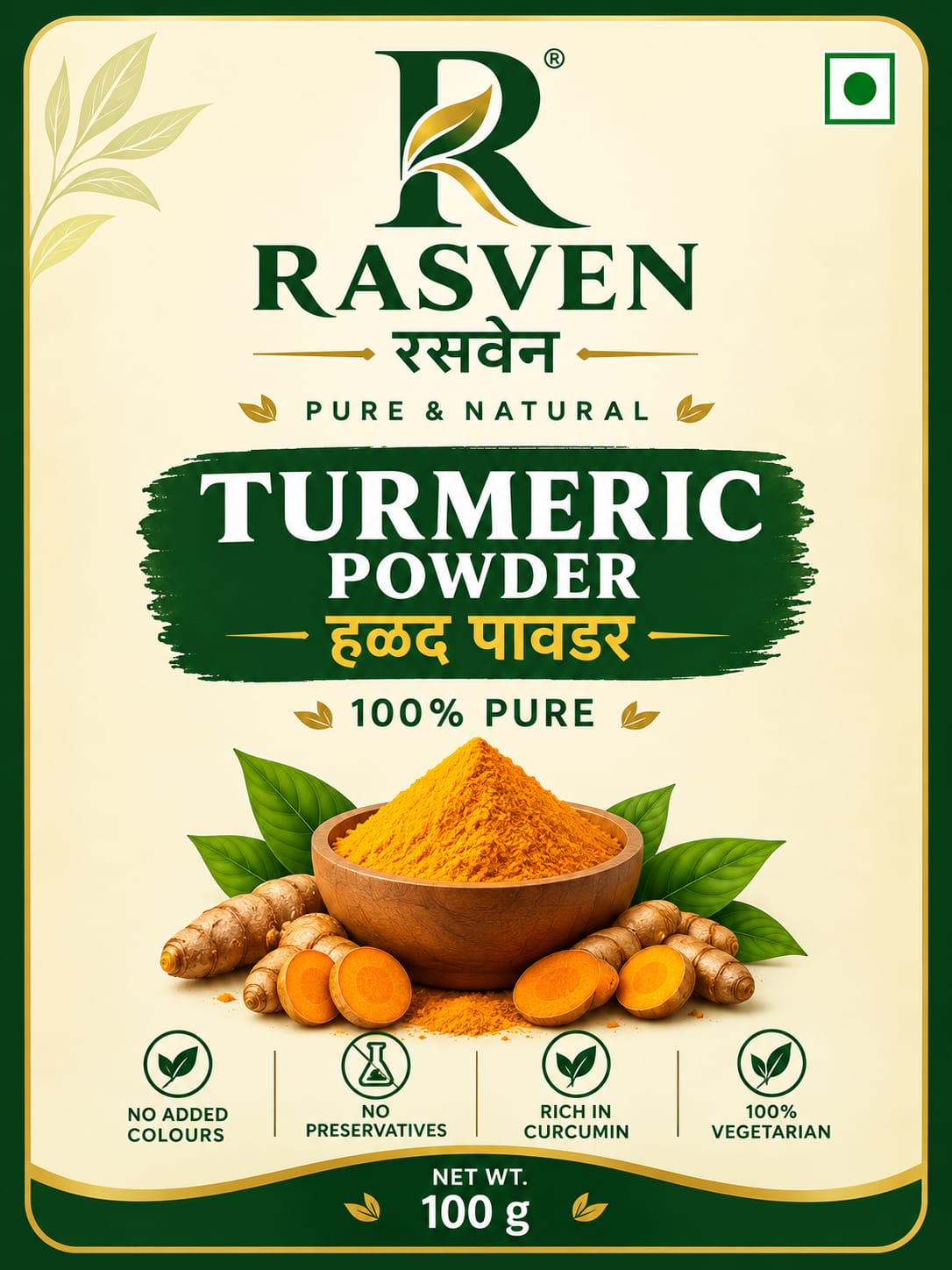 RASVEN 100g pure turmeric powder packaging with wooden bowl and fresh rhizome roots