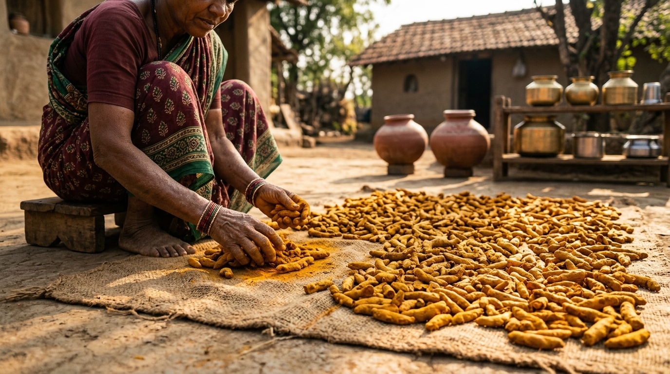 Sun-curing and cleaning pure turmeric rhizomes in rural Maharashtra