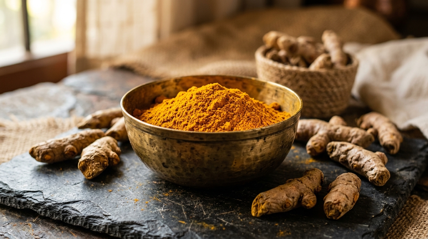 Pure freshly milled golden turmeric powder in an authentic brass bowl with whole Salem rhizomes