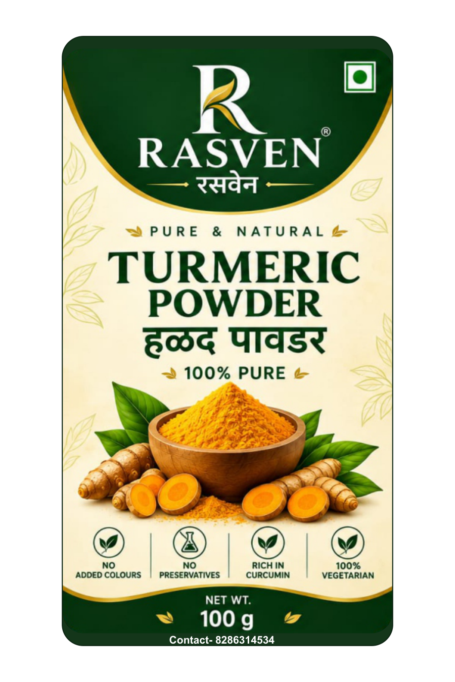 RASVEN packaging pouch label with green vegetarian badge